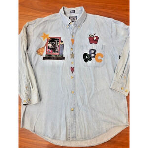 VINTAGE ALL SEASON DENIM ALL SPORT Apple Embroidered Shirt Sz L 90s Teacher ABC
